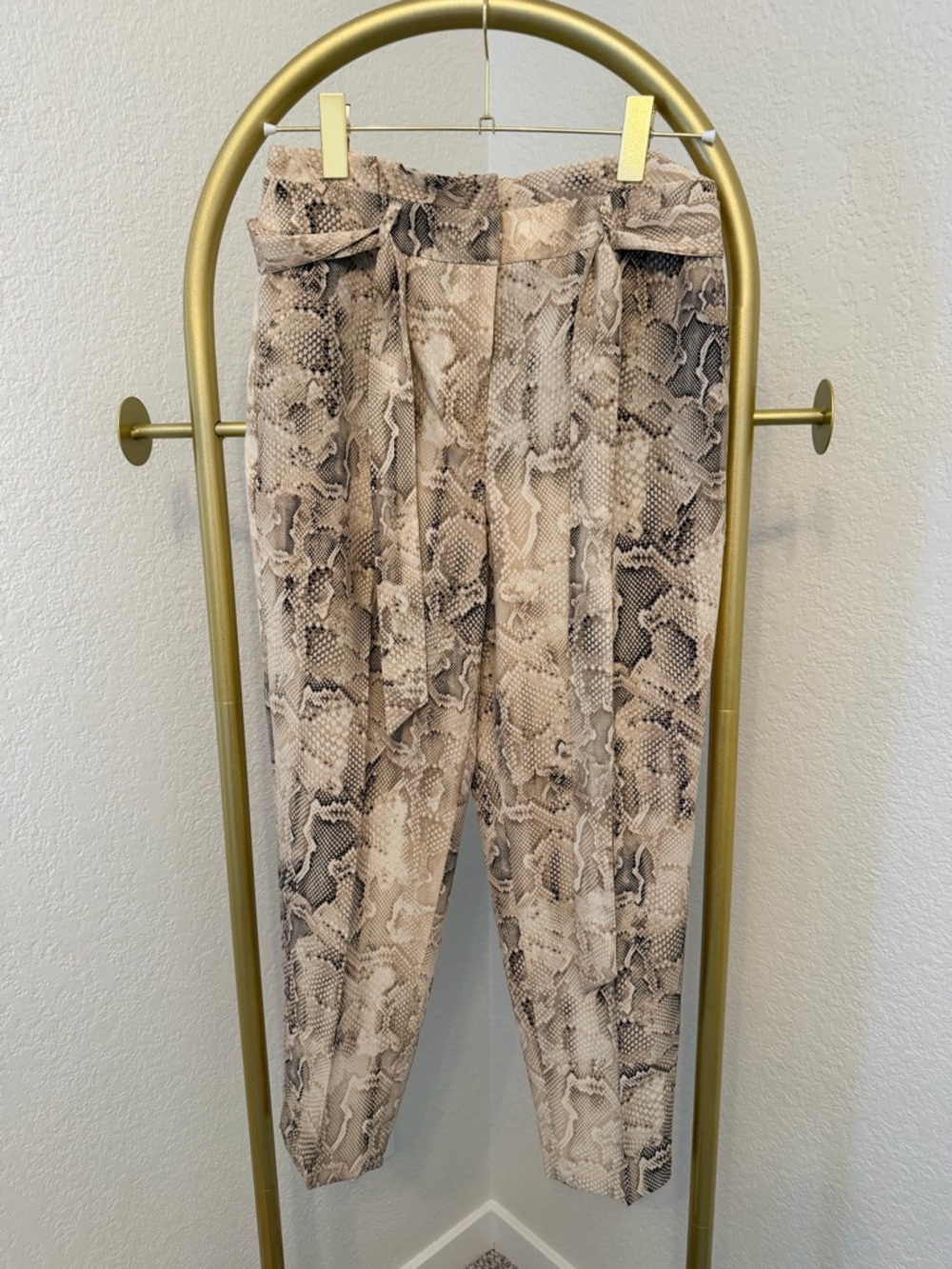 White House Black Market Snake Print Paperbag Waist Trousers Beige/Taupe - short